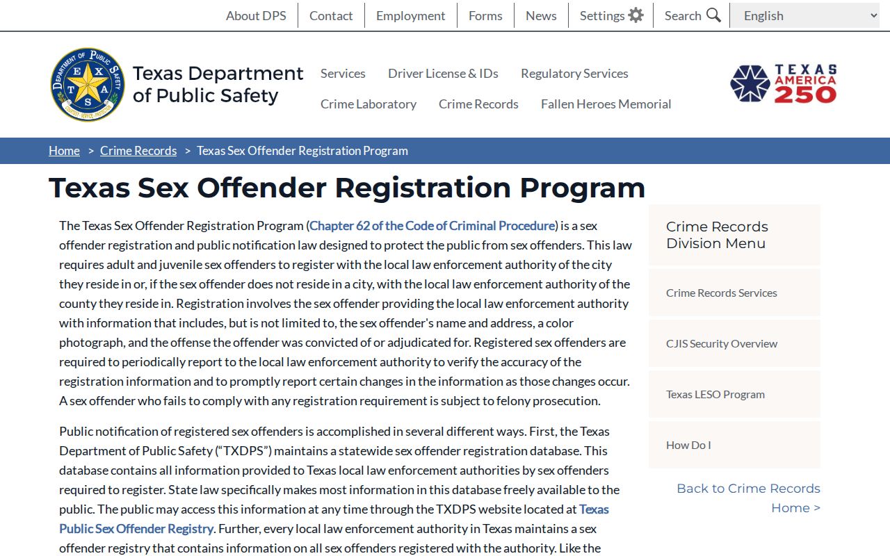 Potter County sex offender check Texas registration program guidance